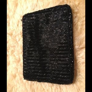 Black jet beaded herringbone clutch